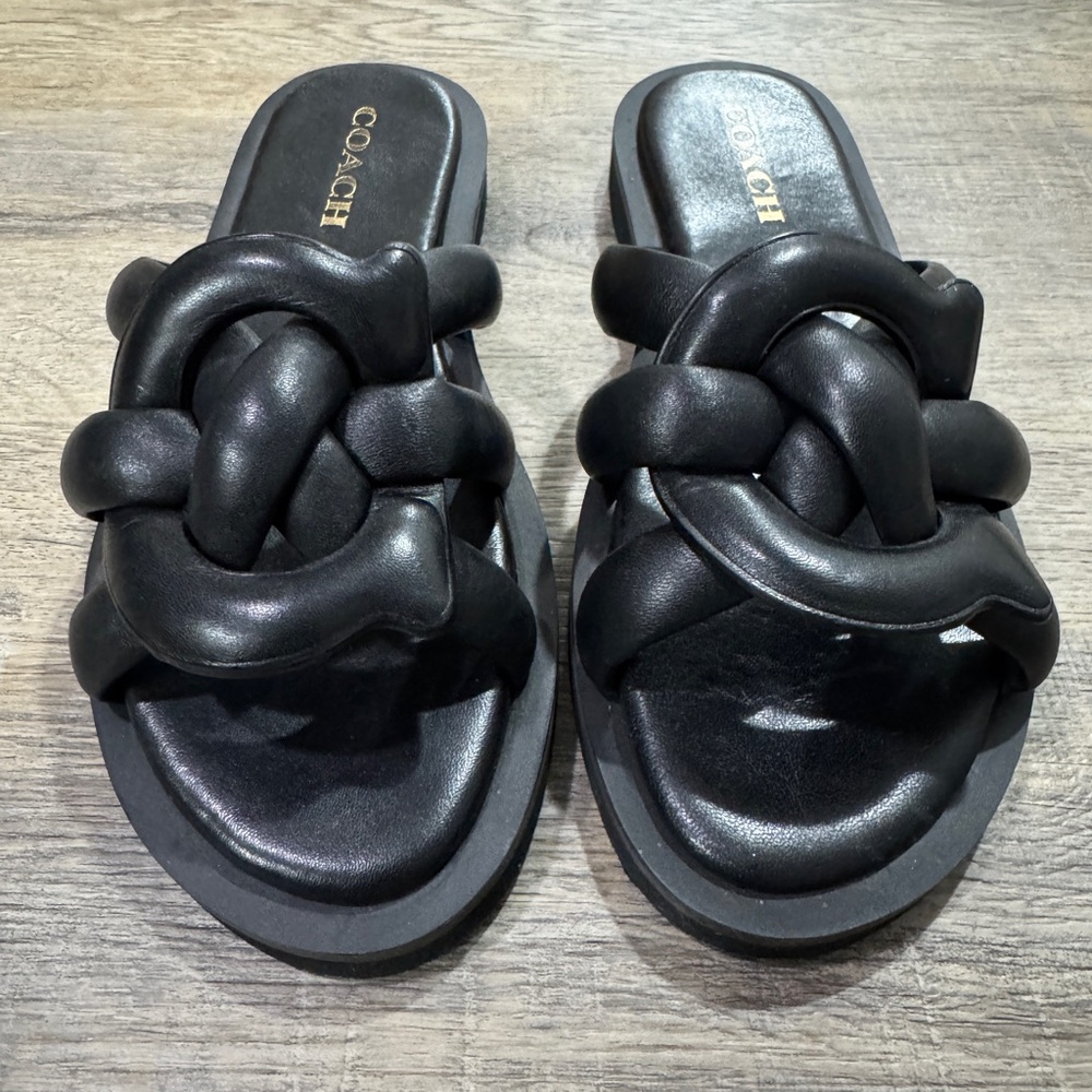 Coach Georgie C Logo Slide Sandal in Black Leather- Women’s Size 7.5
